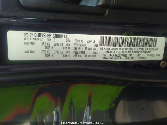 2012 JEEP GRAND CHEROKEE LAREDO VIN: 1C4RJFAG5CC304561