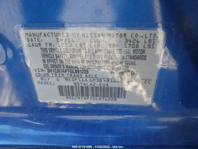 3N1CN7AP7GL891228 Nissan Versa S Plus