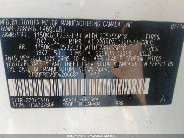 Toyota Rav4 Limited 2014 2T3DFREV0EW206687 Image 9