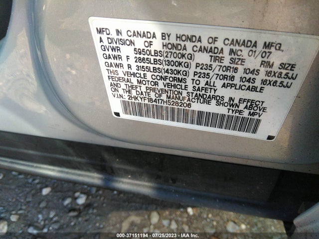 2007 HONDA PILOT EX VIN: 2HKYF18417H528206