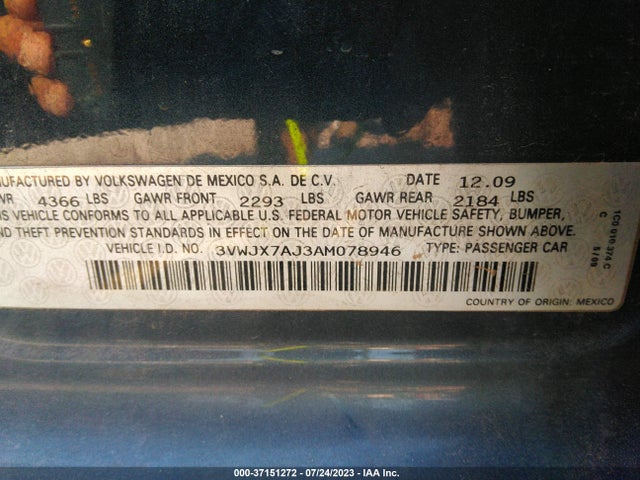 2010 VOLKSWAGEN JETTA S VIN: 3VWJX7AJ3AM078946