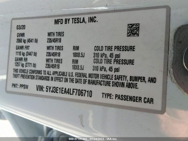 5YJ3E1EA4LF706710 Tesla Model 3 Standard Range