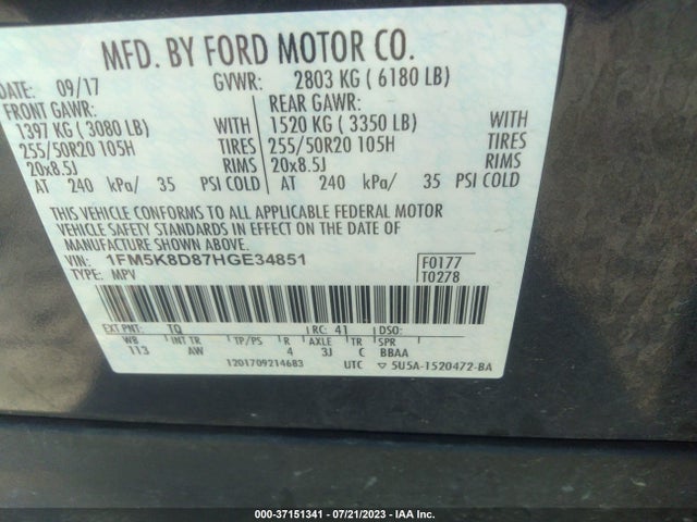 Ford EXPLORER XLT 2017 1FM5K8D87HGE34851 Image 15