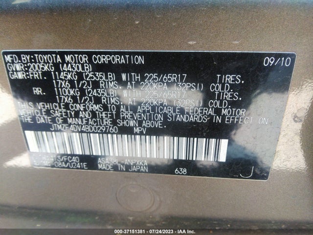 2011 TOYOTA RAV4 VIN: JTMZF4DV4BD029760