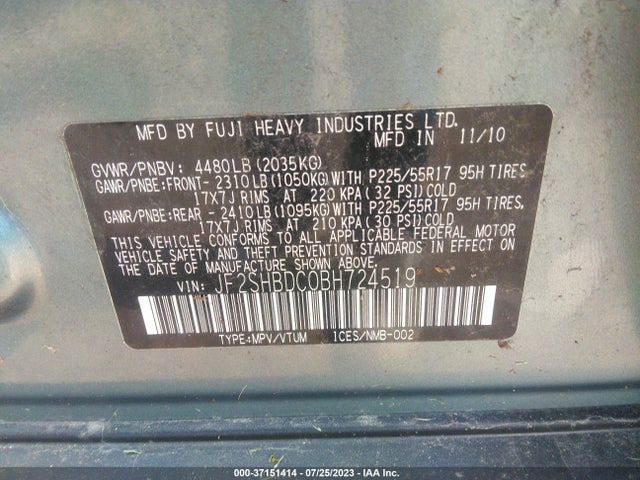 2011 SUBARU FORESTER 2.5X PREMIUM VIN: JF2SHBDC0BH724519