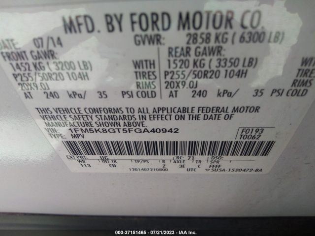1FM5K8GT5FGA40942 Ford EXPLORER SPORT