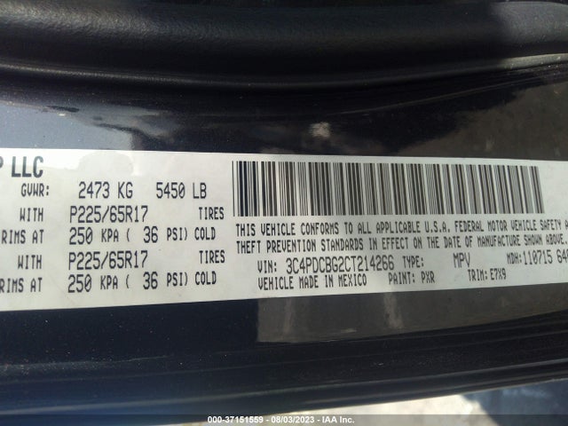 2012 DODGE JOURNEY SXT VIN: 3C4PDCBG2CT214266