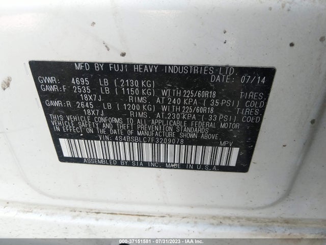 4S4BSBLC7F3209078 Subaru Outback 2.5i Limited