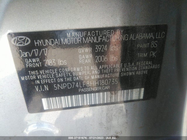 2017 HYUNDAI ELANTRA SE VIN: 5NPD74LF8HH180735