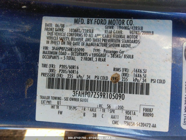 2009 FORD FUSION SE VIN: 3FAHP07Z59R105090