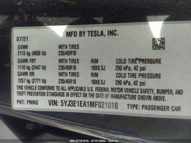 5YJ3E1EA1MF021016 Tesla Model 3 Standard Range Plus