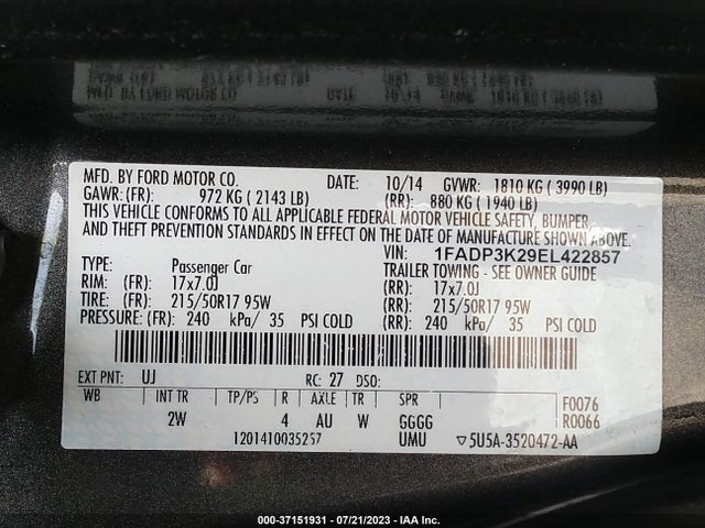 2014 FORD FOCUS SE VIN: 1FADP3K29EL422857