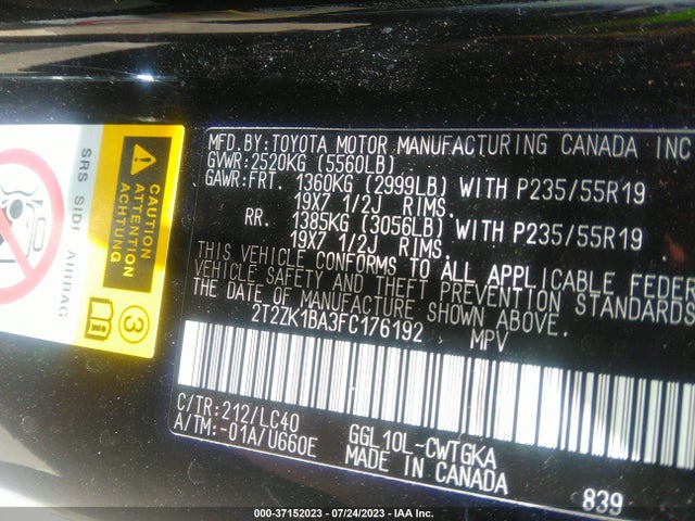 2T2ZK1BA3FC176192 Lexus RX 350
