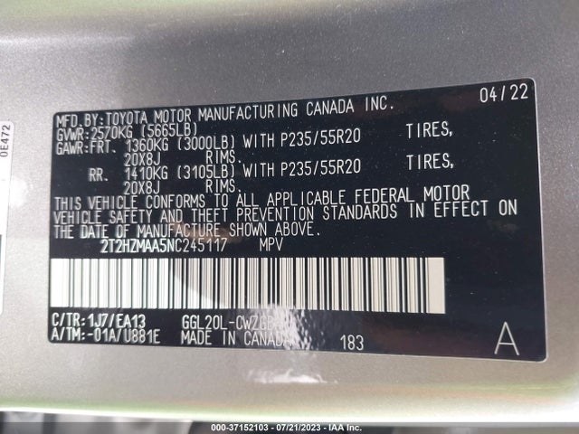 2T2HZMAA5NC245117 Lexus Rx Rx 350
