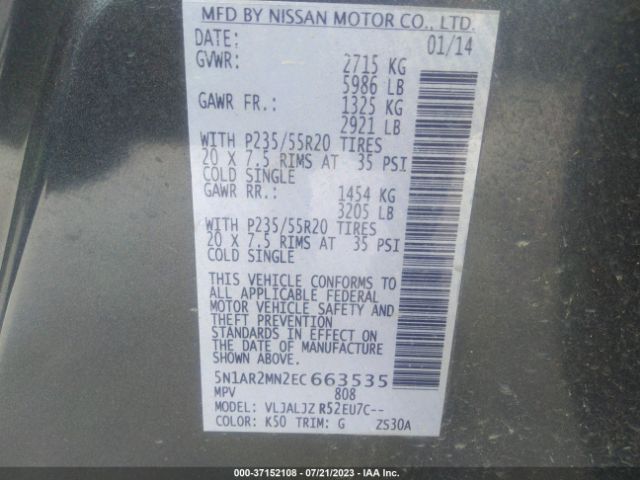 5N1AR2MN2EC663535 Nissan Pathfinder Platinum