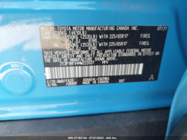 2021 TOYOTA RAV4 XLE VIN: 2T3P1RFV4MW222027