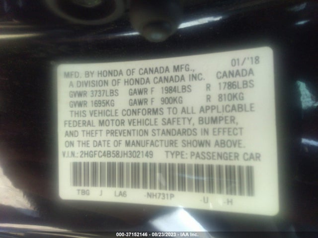 2018 HONDA CIVIC COUPE VIN: 2HGFC4B58JH302149