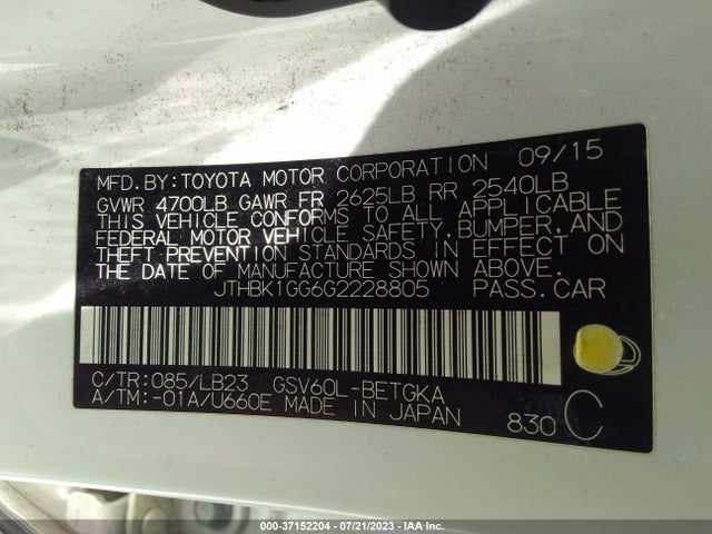 JTHBK1GG6G2228805 Lexus ES 350