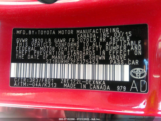2015 TOYOTA COROLLA L/LE/S/S PLUS/LE PLUS VIN: 2T1BURHE2FC375453