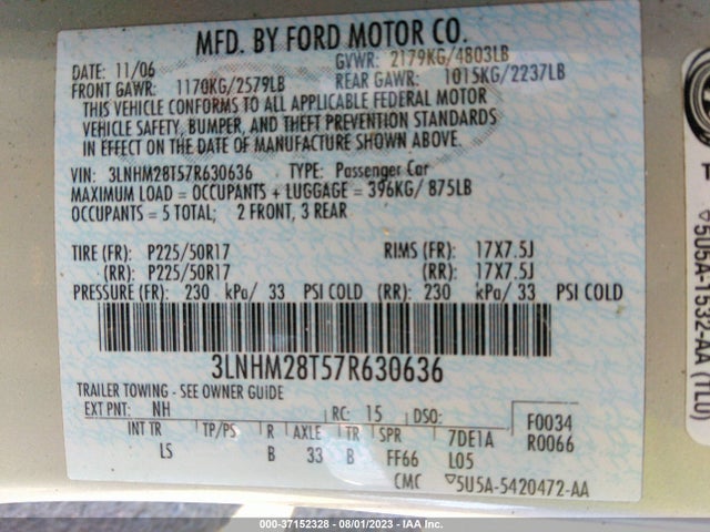 2007 LINCOLN MKZ VIN: 3LNHM28T57R630636