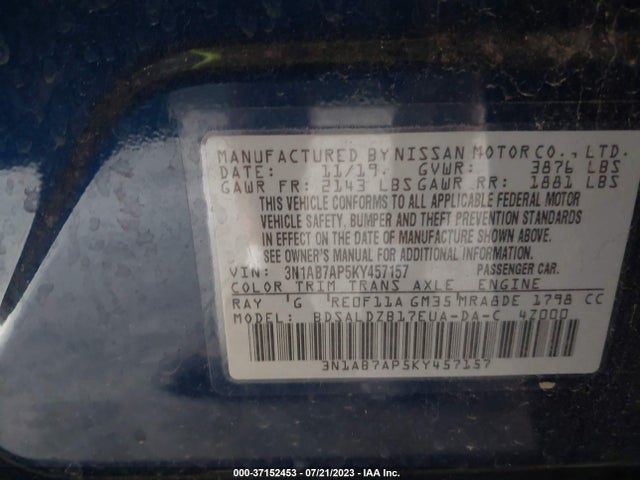 2019 NISSAN SENTRA SV VIN: 3N1AB7AP5KY457157