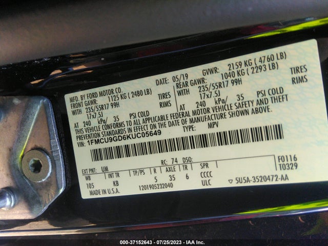 Ford ESCAPE SE 2019 1FMCU9GD6KUC05649 Image 9