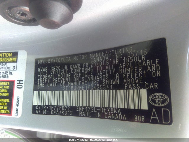 2015 TOYOTA COROLLA L/LE/S/S PLUS/LE PLUS VIN: 2T1BURHE1FC425341