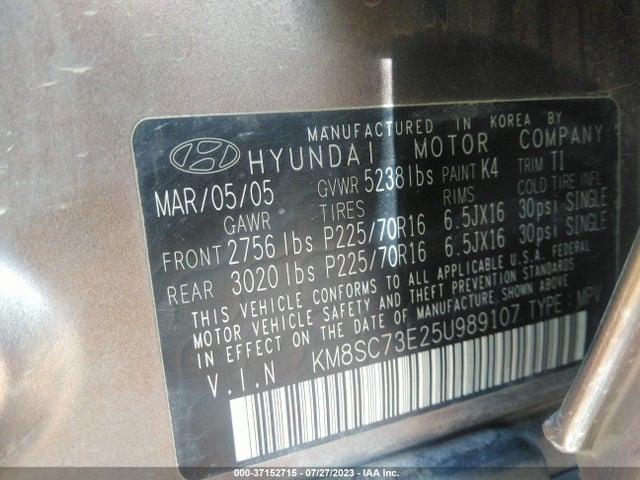 2005 HYUNDAI SANTA FE GLS/LX VIN: KM8SC73E25U989107