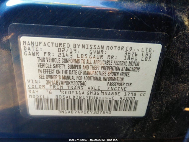 2019 NISSAN SENTRA SV VIN: 3N1AB7AP0KY307540