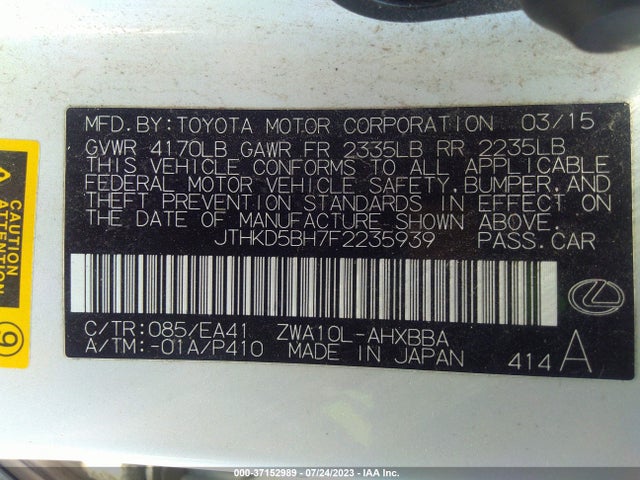JTHKD5BH7F2235939 Lexus Ct 200h Hybrid
