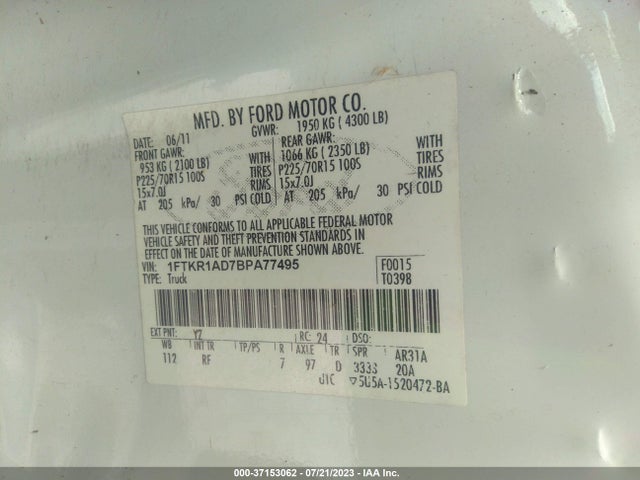 2011 FORD RANGER XL/XLT VIN: 1FTKR1AD7BPA77495