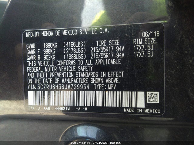 2018 HONDA HR-V LX VIN: 3CZRU6H36JM729934
