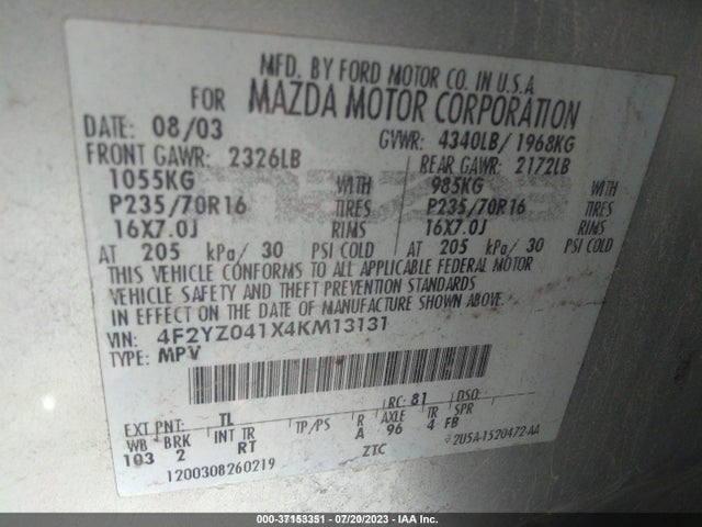 2004 MAZDA TRIBUTE LX V6 VIN: 4F2YZ041X4KM13131