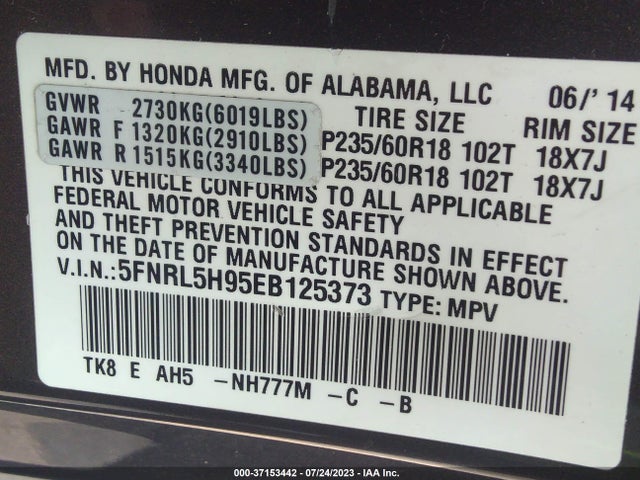 Honda Odyssey Touring 2014 5FNRL5H95EB125373 Image 9