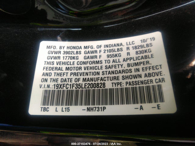 2020 HONDA CIVIC SEDAN EX VIN: 19XFC1F35LE200828