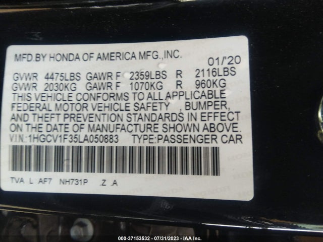 2020 HONDA ACCORD SEDAN SPORT VIN: 1HGCV1F35LA050883