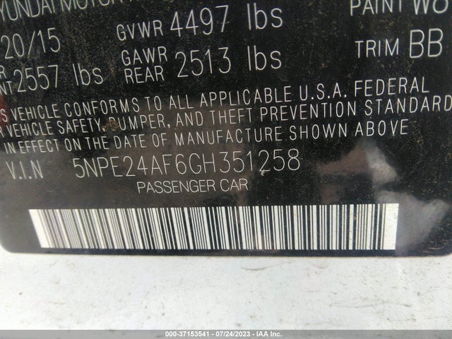 2016 HYUNDAI SONATA SE VIN: 5NPE24AF6GH351258