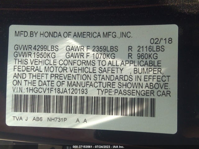 2018 HONDA ACCORD SEDAN LX 1.5T VIN: 1HGCV1F18JA120193