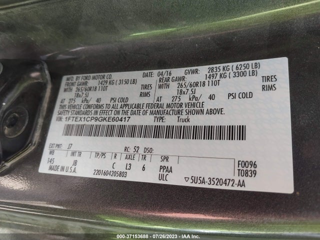 2016 FORD F-150 XL/LARIAT/XLT VIN: 1FTEX1CP9GKE60417