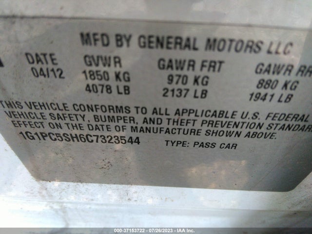 2012 CHEVROLET CRUZE LS VIN: 1G1PC5SH6C7323544