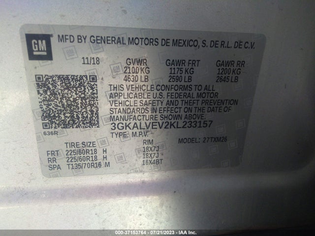 2019 GMC TERRAIN SLT VIN: 3GKALVEV2KL233157