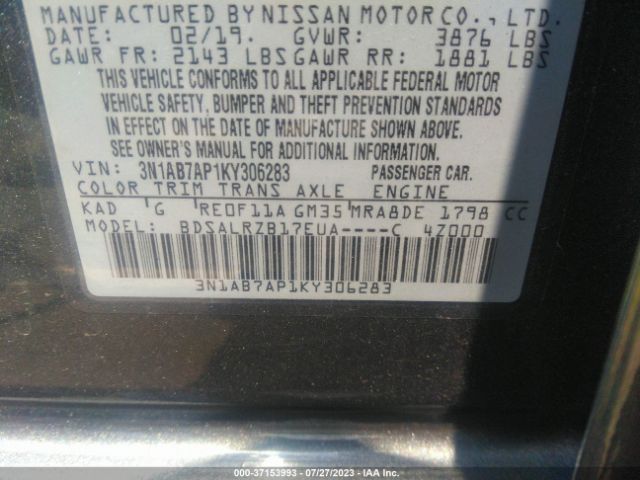 3N1AB7AP1KY306283 Nissan SENTRA SR