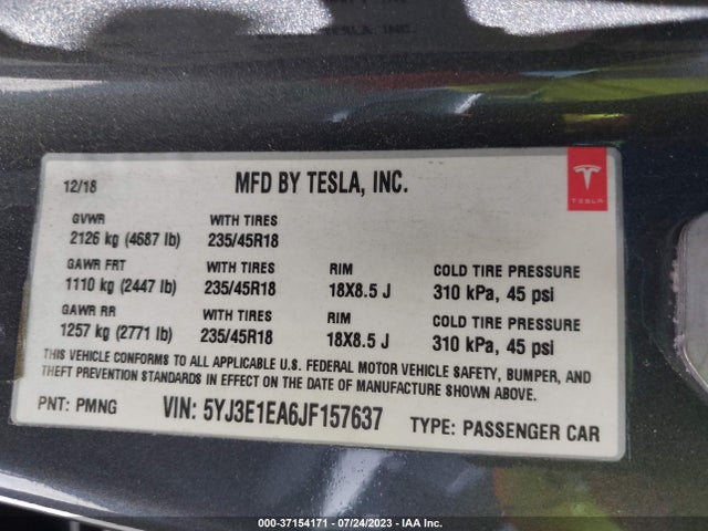 Tesla Model 3 Range Battery 2018 5YJ3E1EA6JF157637 Image 9