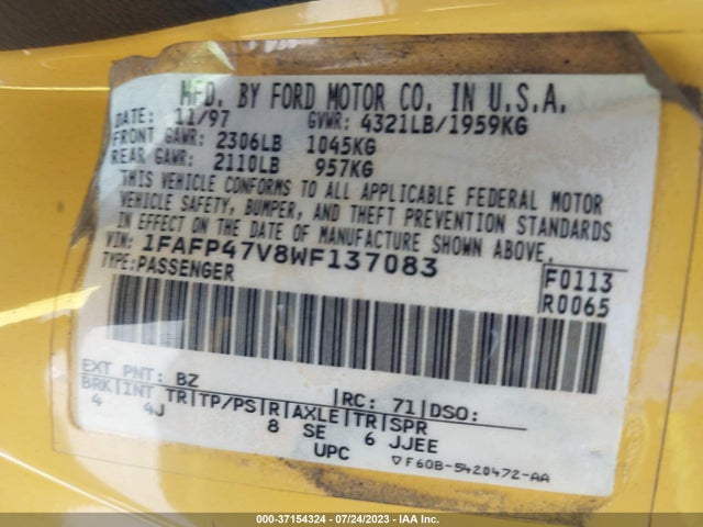 1998 FORD MUSTANG SVT COBRA VIN: 1FAFP47V8WF137083