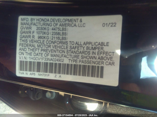 2022 HONDA ACCORD SEDAN SPORT VIN: 1HGCV1F33NA024902