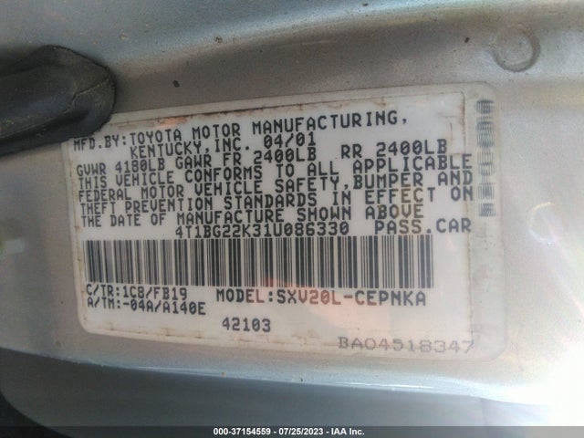 2001 TOYOTA CAMRY CE/LE/XLE VIN: 4T1BG22K31U086330