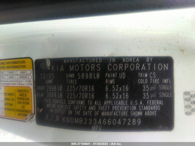 2006 KIA SEDONA LX/EX VIN: KNDMB233466047289