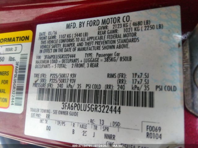 3FA6P0LU5GR322444 Ford Fusion Se Hybrid