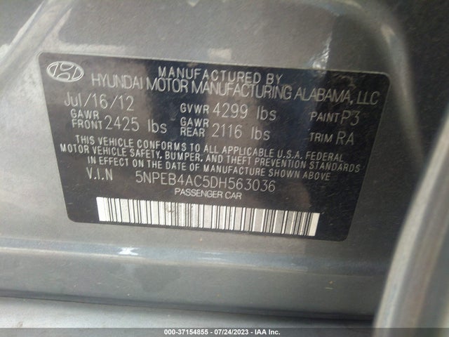 2013 HYUNDAI SONATA GLS VIN: 5NPEB4AC5DH563036