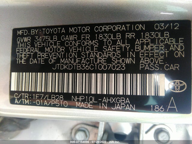 37154886 :رقم المزاد ، JTDKDTB36C1007023 vin ، 2012 Toyota Prius C One/two/three/four مزاد بيع